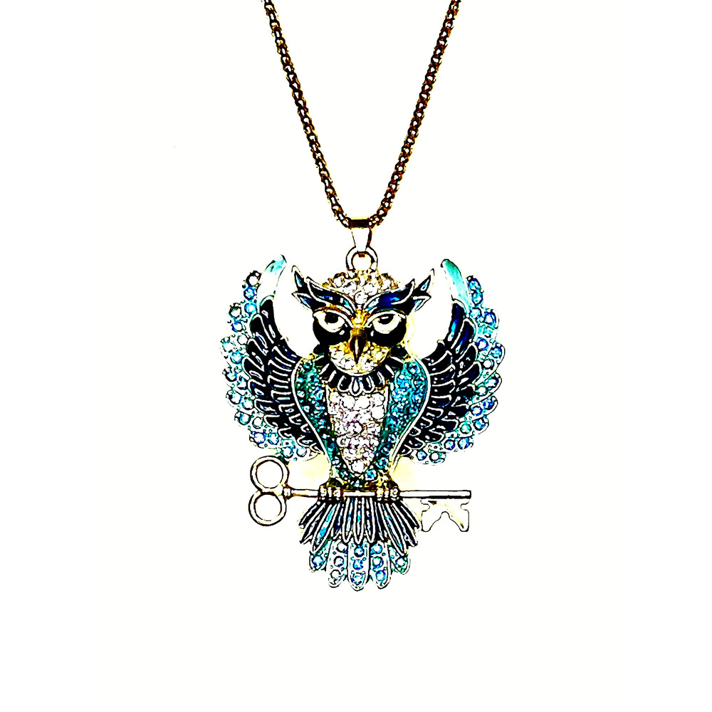 Betsey Johnson Blue AB Crystal Enamel Owl Perched on Golden Key Necklace RETIRED